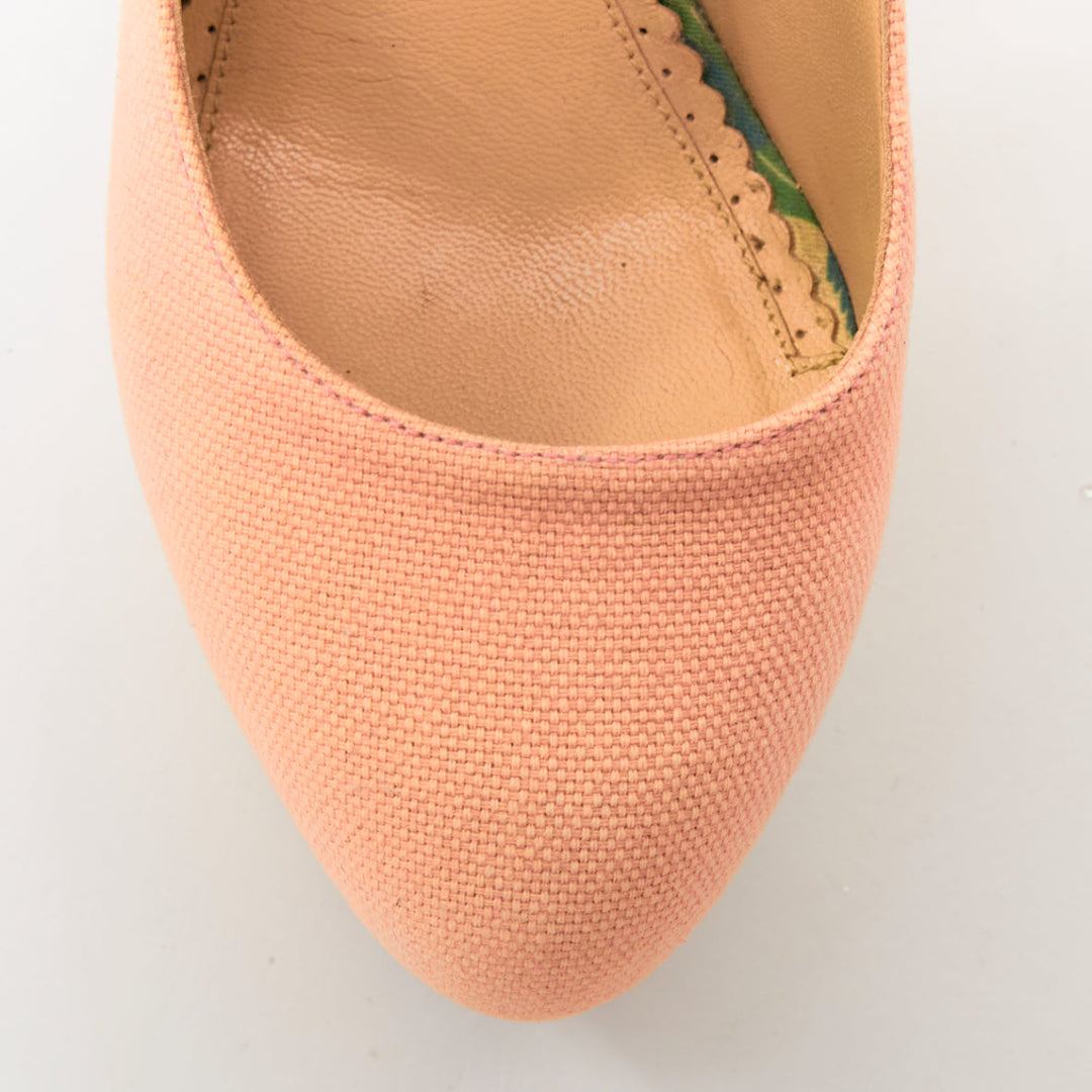 CHARLOTTE OLYMPIA Dolly beige canvas gold island metallic platform pumps EU36