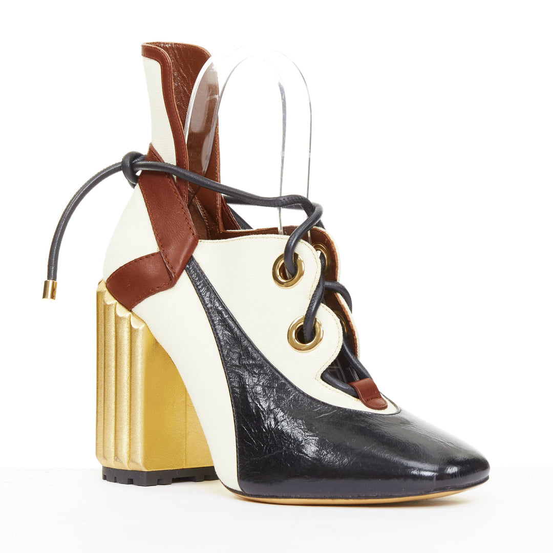 DIOR Raf Simons 2017 Runway gold fluted column heel brown laced ankle boots EU38