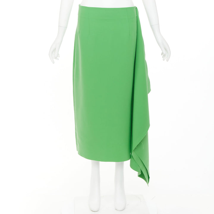 AWAKE MODE 2022 Kelly Green crepe raw edge asymmetric draped midi skirt FR40 L