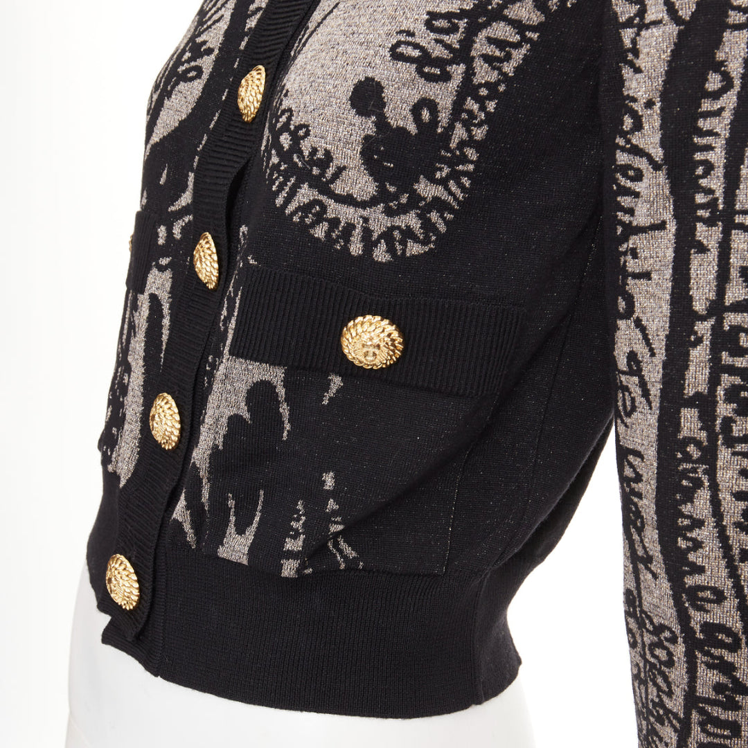 BALMAIN black bronze wool blend metallic scribble jacquard cardigan FR34 XS