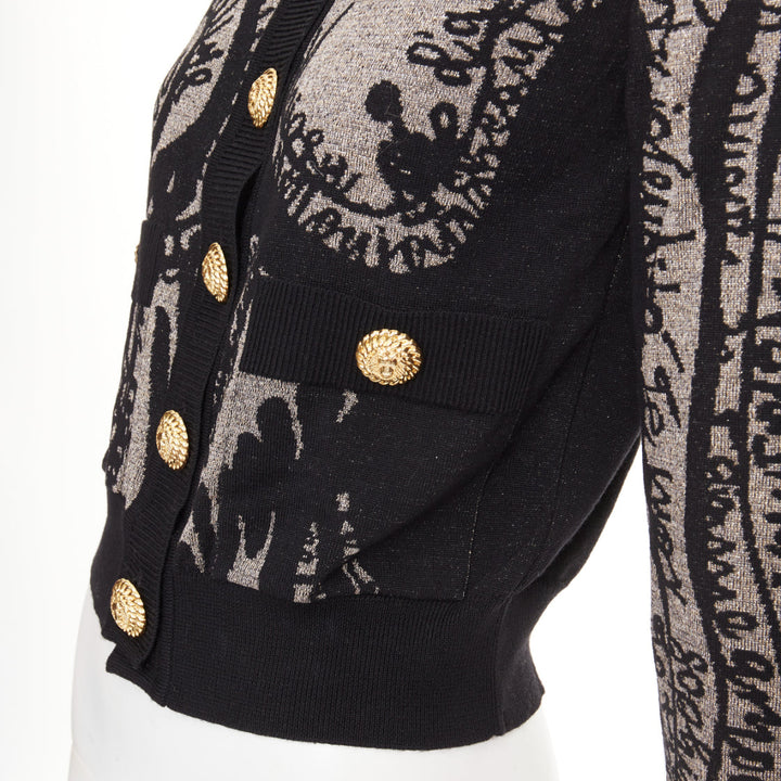 BALMAIN black bronze wool blend metallic scribble jacquard cardigan FR34 XS