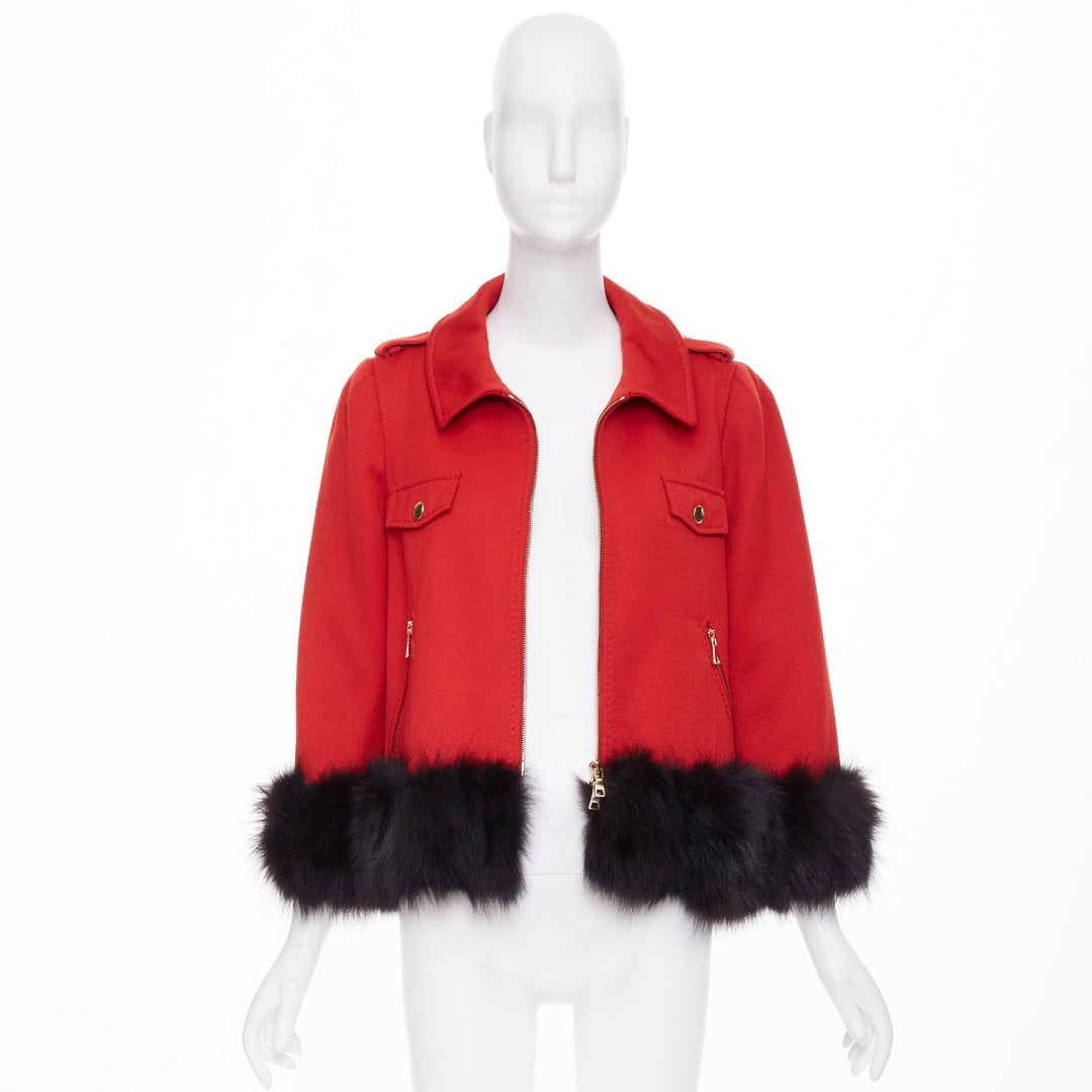 MOSCHINO Cheap and Chic red black real fur trim wool biker style jacket IT46 XL