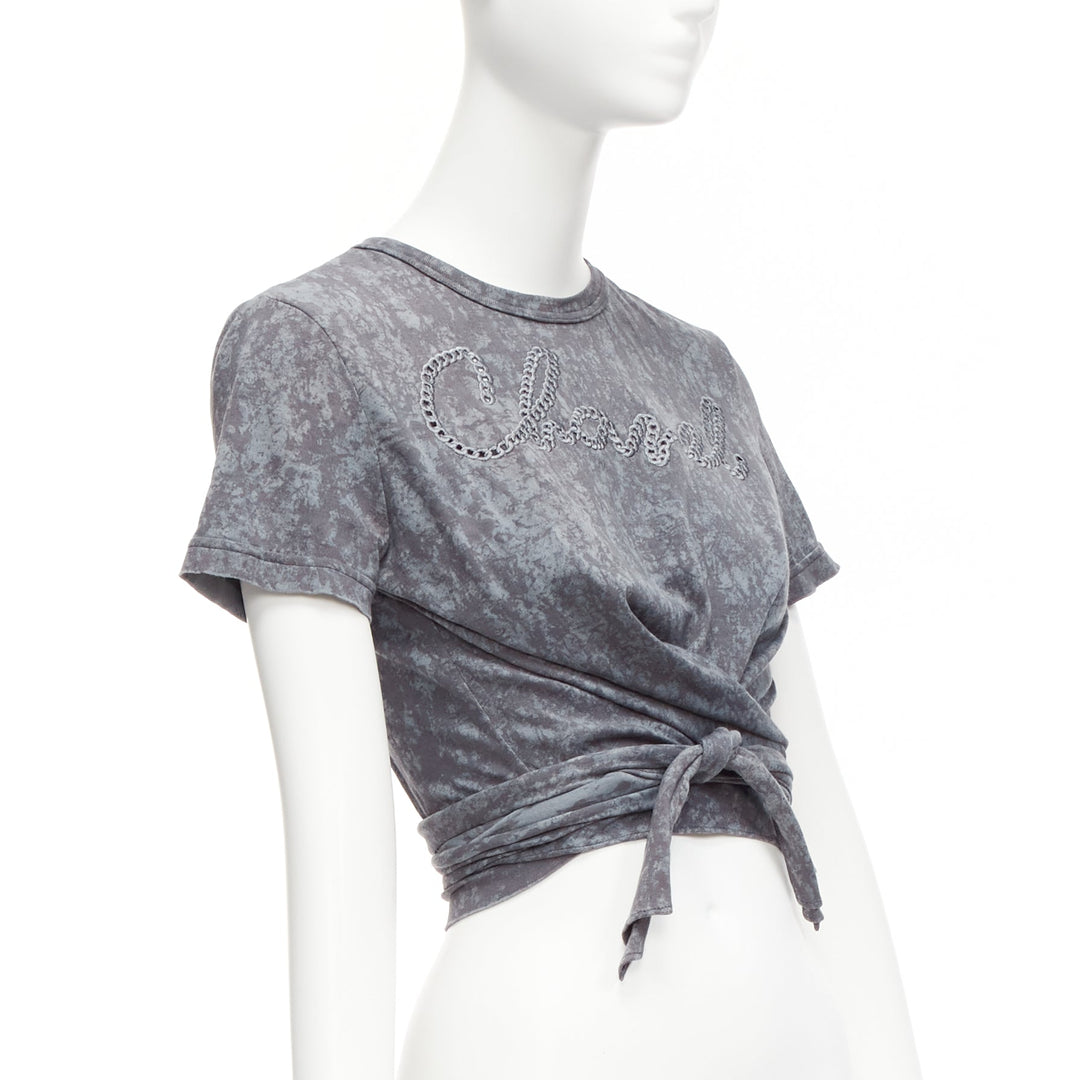 CHANEL 2021 grey rope logo embroidery tie cropped tshirt FR34 XS