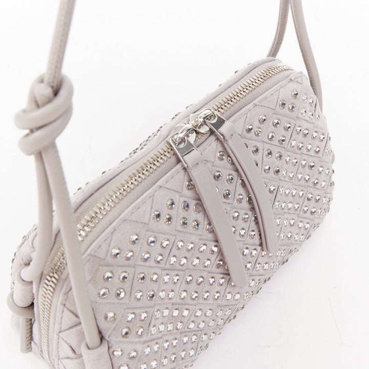 BOTTEGA VENETA 2024 Concert Pouch grey suede strass intrecciato woven bag