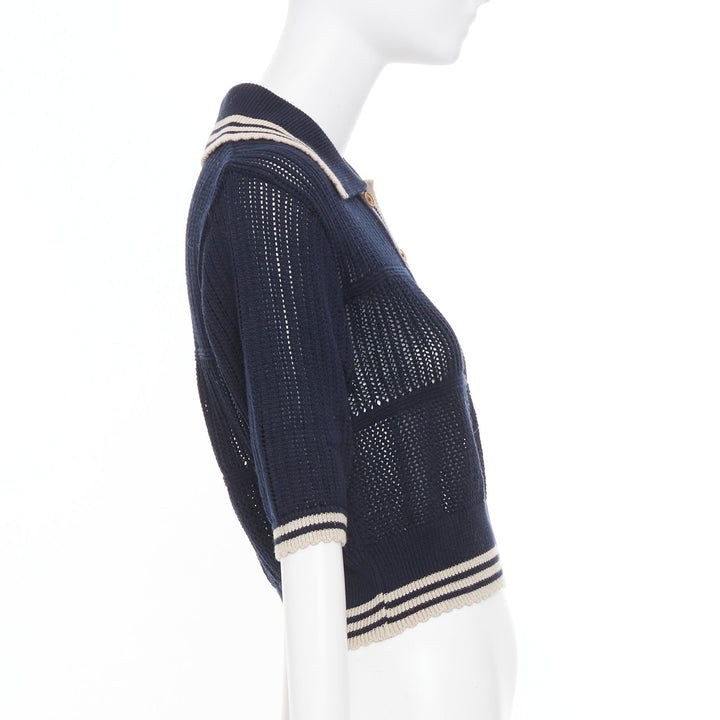 VIVIENNE WESTWOOD navy open stitch cotton linen embroidered orb polo top M