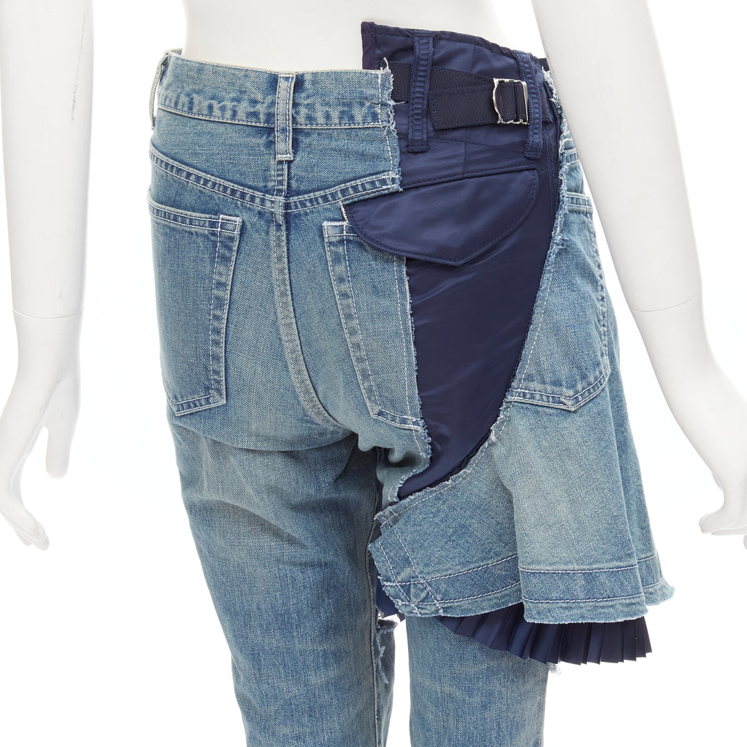 SACAI deconstructed denim pleated wrap skirt layered ripped jeans XS