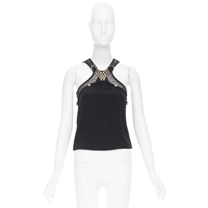 GUCCI 2009 black silk blend metal leather embellished tank top IT38 XS