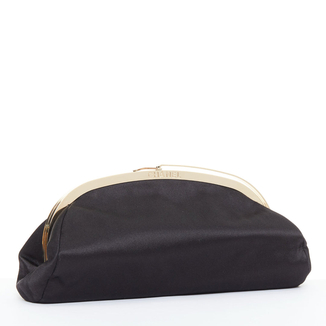 CHANEL Vintage black satin gold frame slide lock half moon evening clutch bag