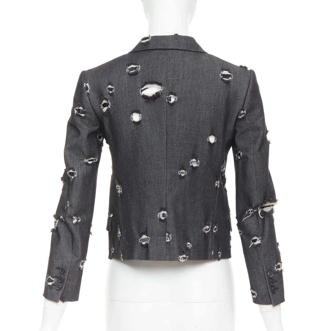 MIU MIU 2009 grey distressed holey cotton crop blazer schoolboy jacket IT38 XS