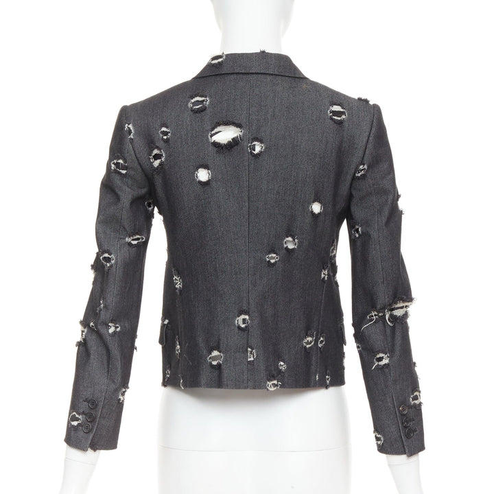 MIU MIU 2009 grey distressed holey cotton crop blazer schoolboy jacket IT38 XS