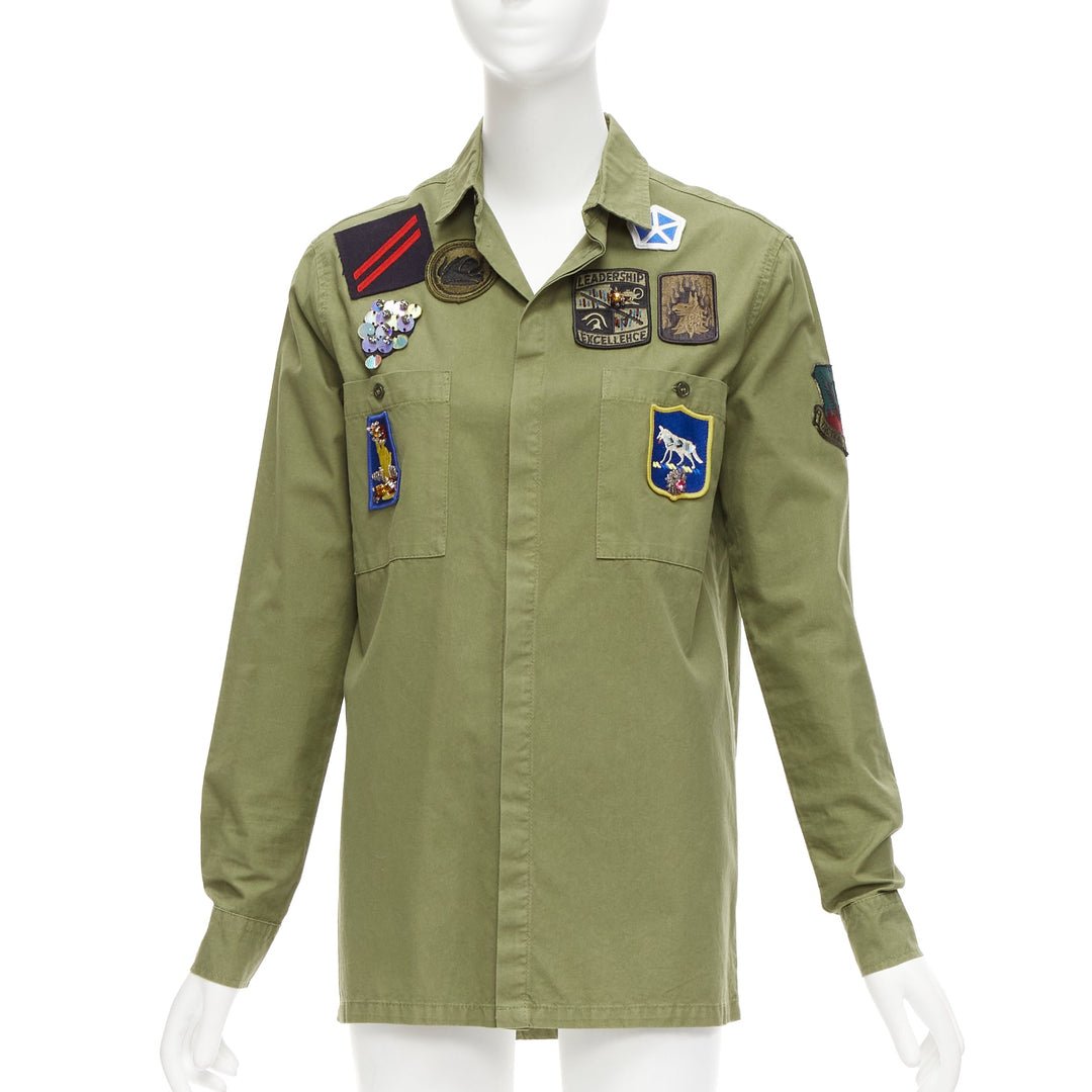 MR AND MRS ITALY khaki green beaded badges military safari shirt IT38 XS