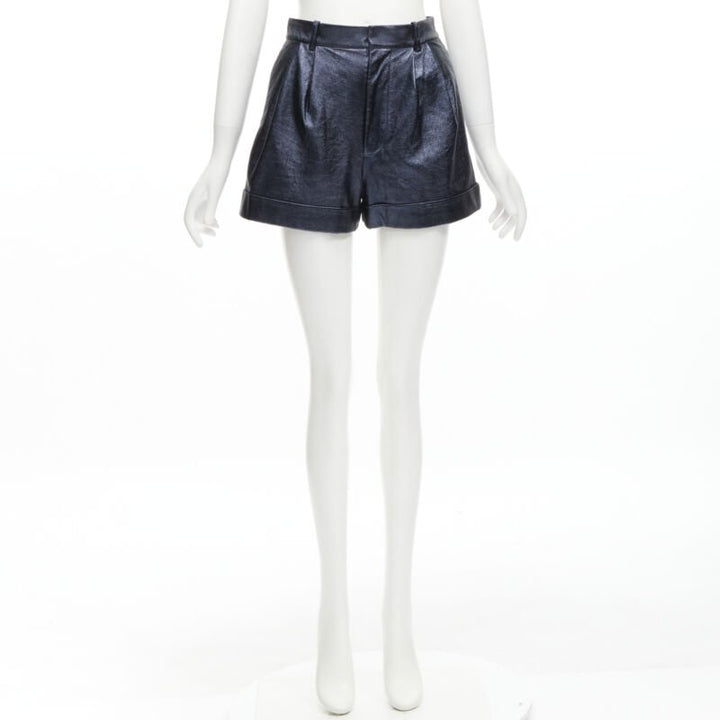 ALICE OLIVIA blue metallic faux leather cuffed high waisted shorts US0 XS