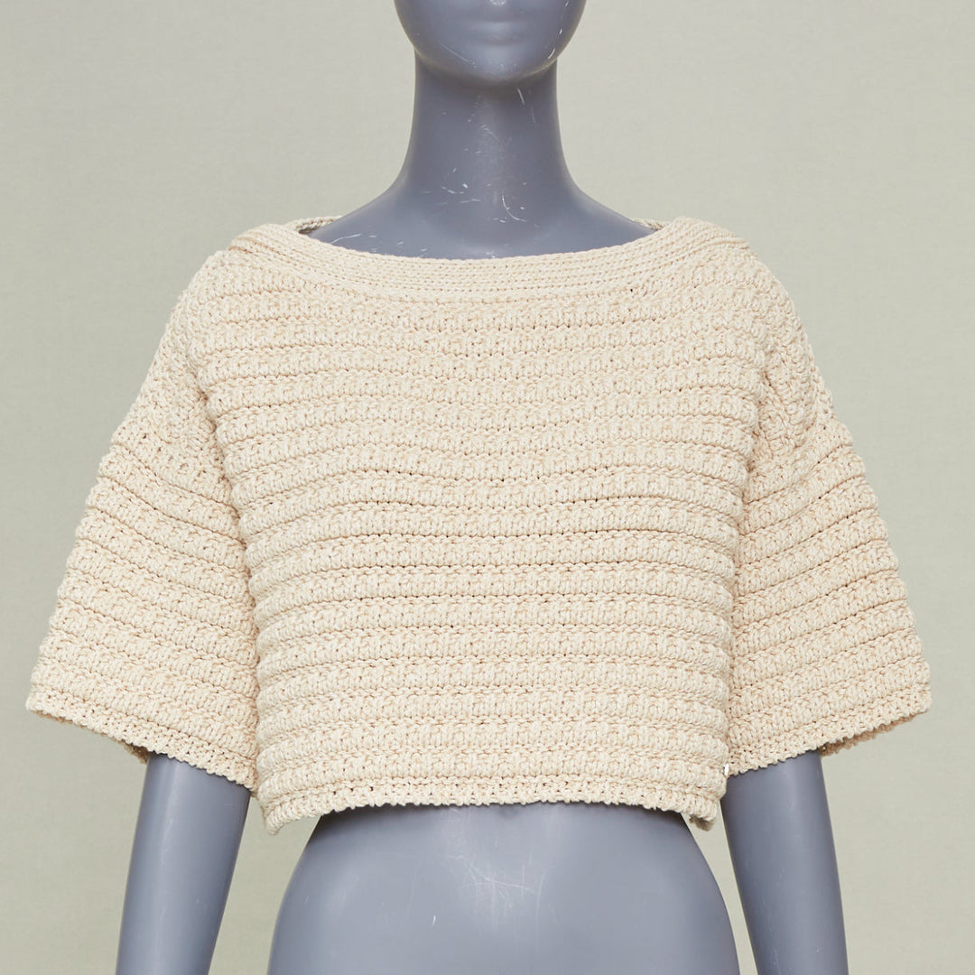 CHANEL 25C Runway garter stitch boat neck oat beige cropped knit top FR36 S