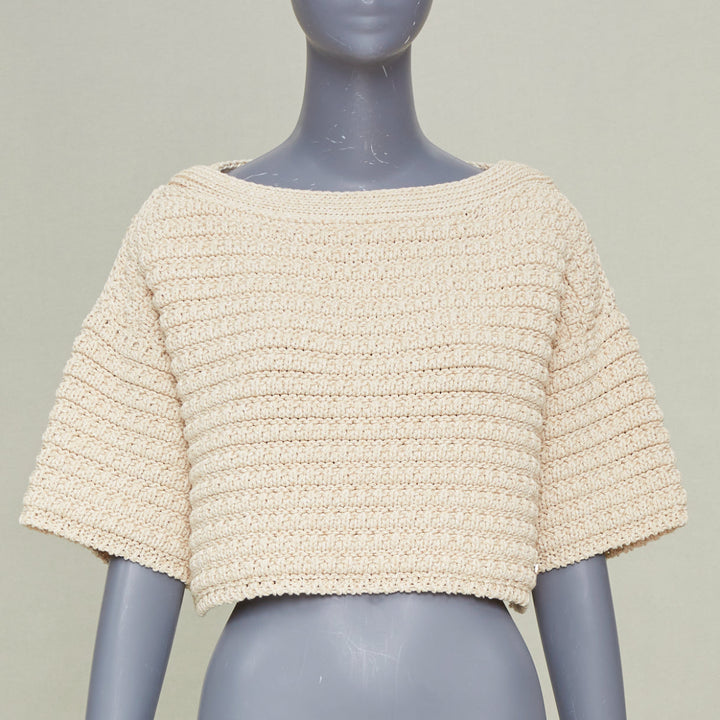 CHANEL 25C Runway garter stitch boat neck oat beige cropped knit top FR36 S