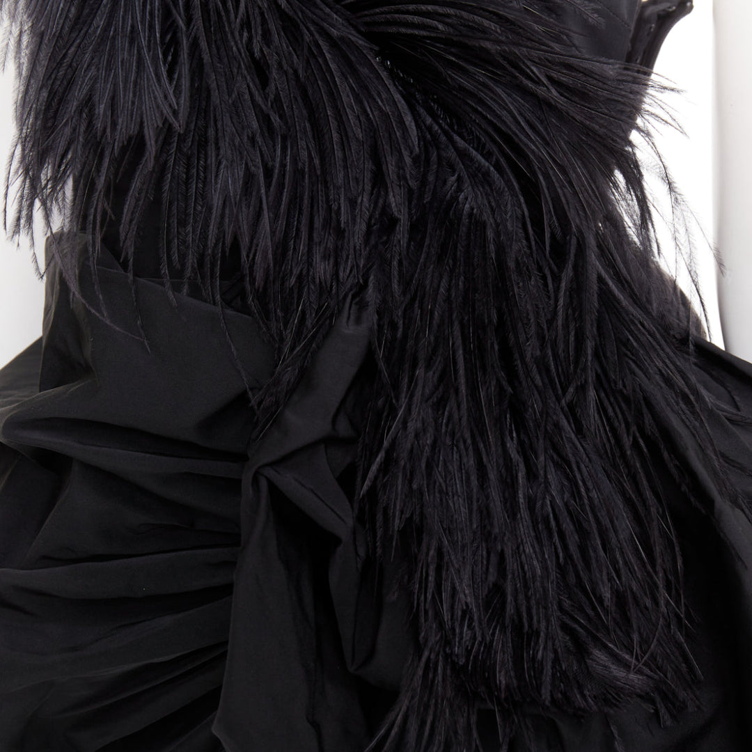 rare DRIES VAN NOTEN Lacroix 2020 Runway black taffeta ostrich ruffle gown FR38