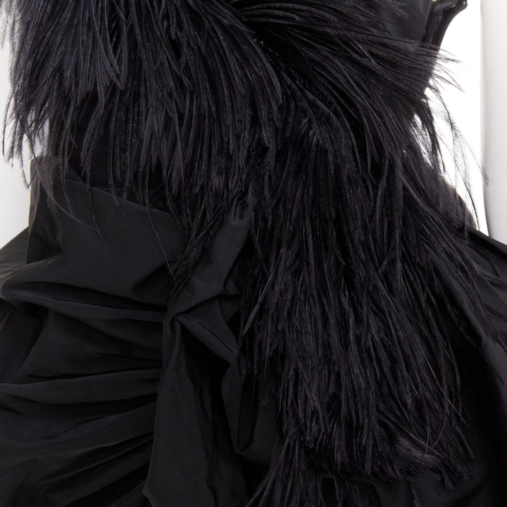rare DRIES VAN NOTEN Lacroix 2020 Runway black taffeta ostrich ruffle gown FR38