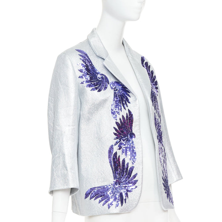 DRIES VAN NOTEN 2016 Runway metallic silver purple sequin wing blazer FR34 XS