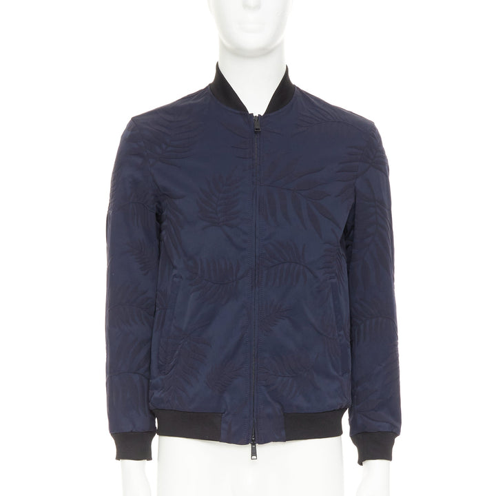 GIORGIO ARMANI navy water repellent Fern leaf jacquard bomber jacket IT46 S