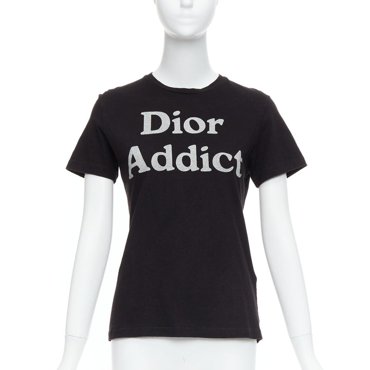 CHRISTIAN DIOR Addict black cotton linen grey speckle logo print tshirt XS