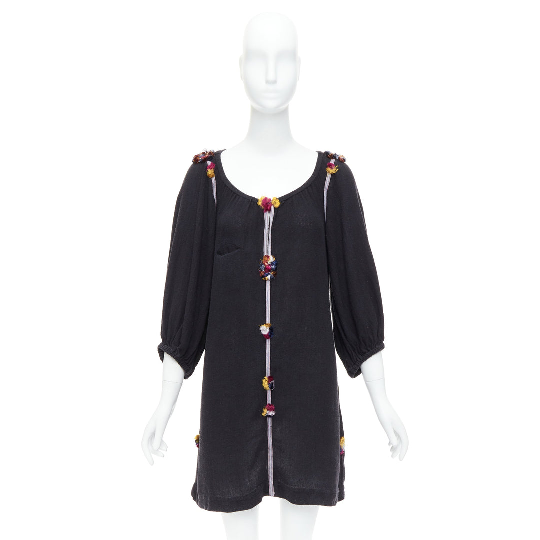 ISABEL MARANT black multicolour pompom trim boho dress Sz.1 S
