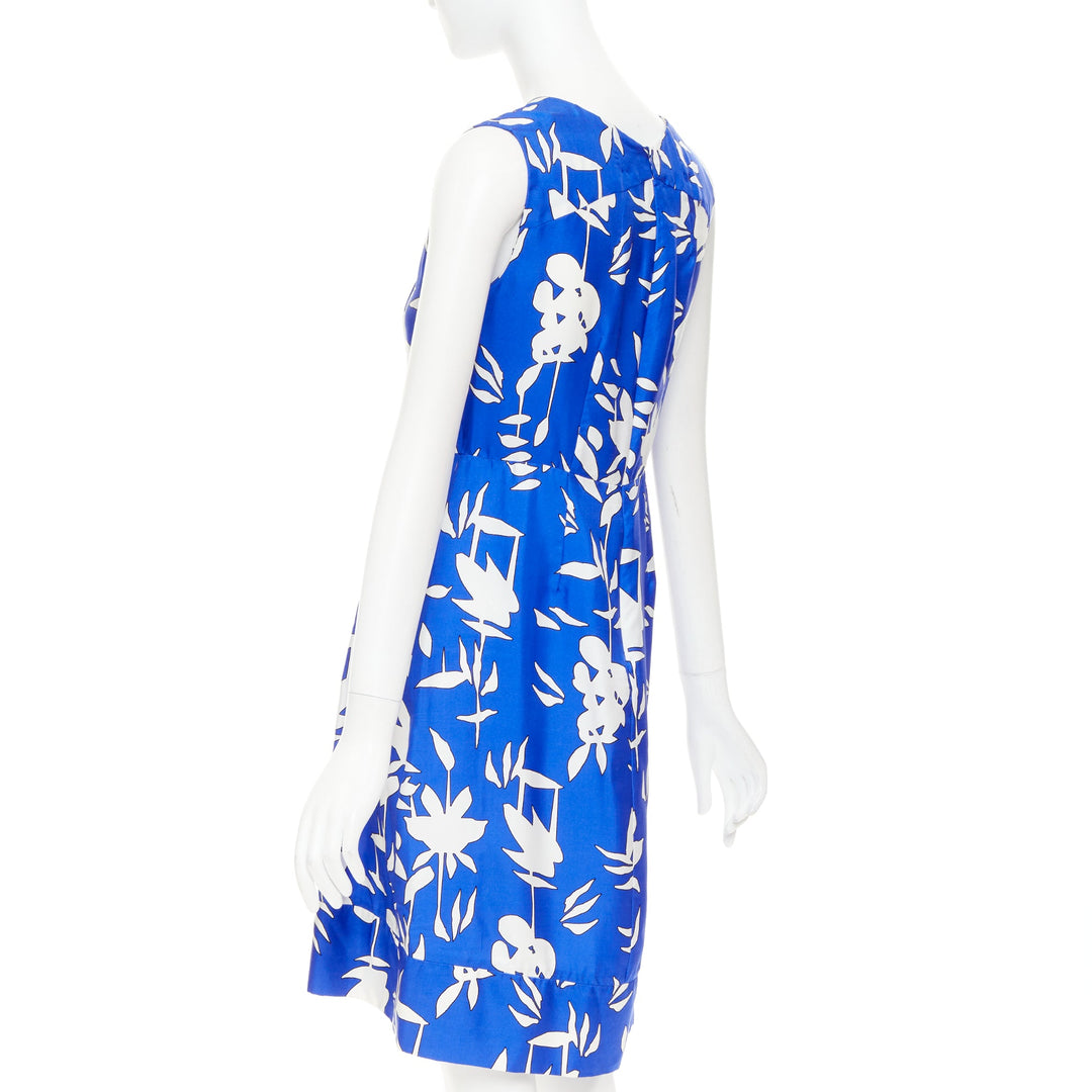 MARNI eletric blue white 100% silk abstrct floral pleated sheath dress IT42 M