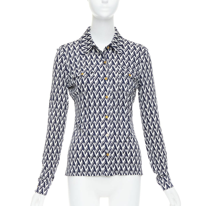 TORY BURCH navy cream T monogram print silk blend shirt XS