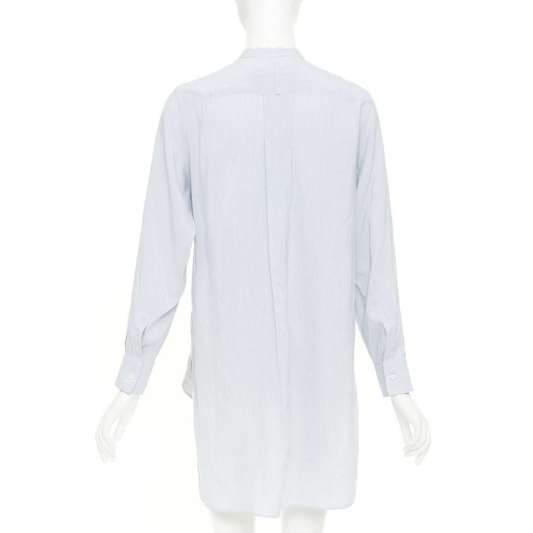 DIOR 100% silk light blue black striped bee embroidery high low shirt FR36 S