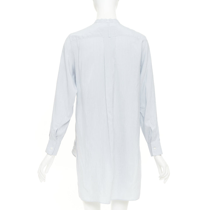 DIOR 100% silk light blue black striped bee embroidery high low shirt FR36 S