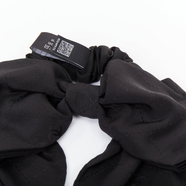 CHANEL black quilted pattern silk bow floral cc logo hair tie scrunchie