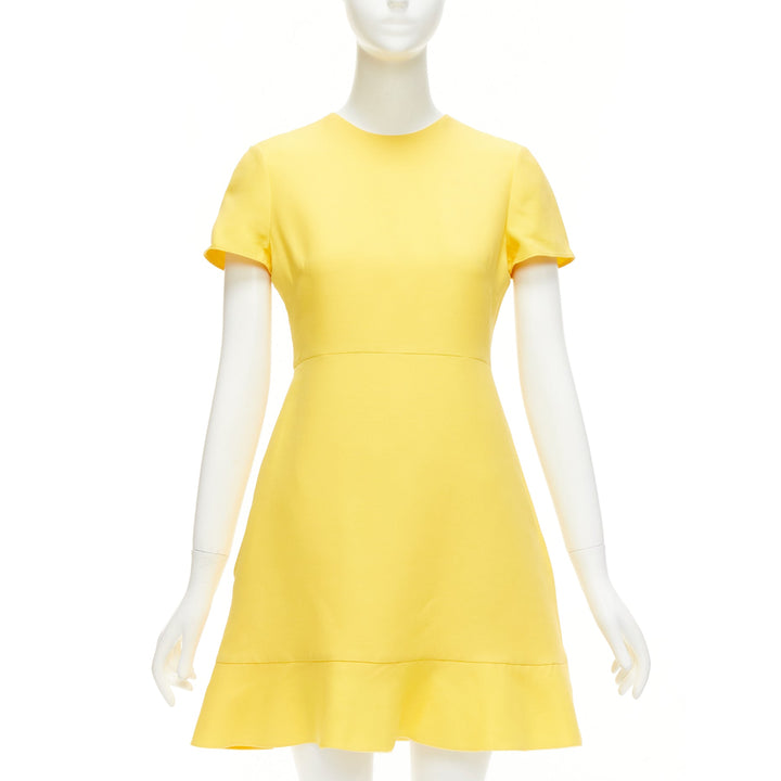VALENTINO yellow wool silk short sleeve ruffle hem fit flare dress IT42 M