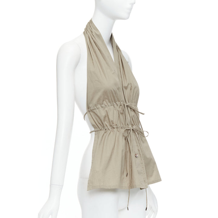 vintage JEAN PAUL GAULTIER khaki cotton halter backless gathered tie top IT38 XS