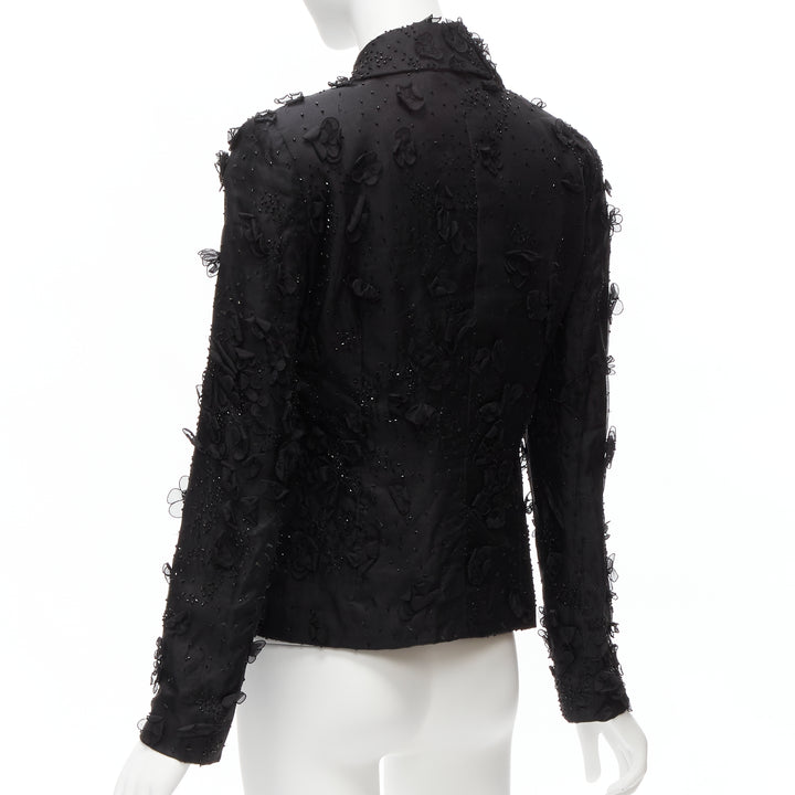 DOLCE GABBANA black silk flower petals bead embellished blazer jacket S