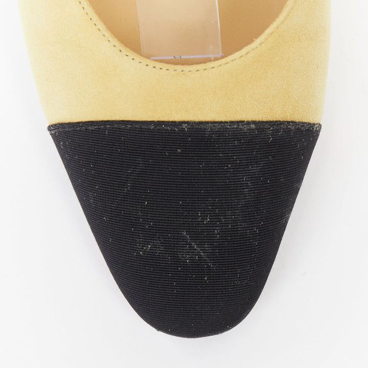 CHANEL Runway beige suede black grosgrain cap toe slip on slingback pumps EU38