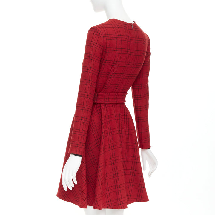 CHRISTIAN DIOR 2018 red plaid check virgin wool belted A-line dress FR36 S