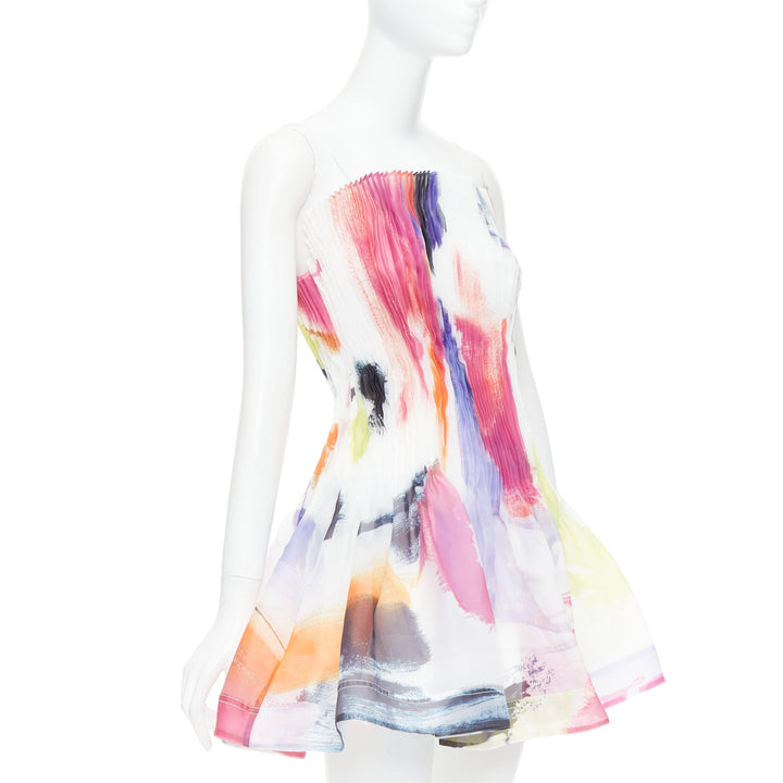 AJE Celestial white multicolor abstract paint print pleated mini dress UK4 XXS