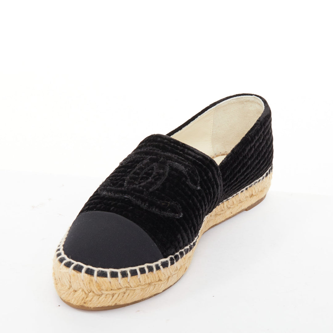 CHANEL black velvet grosgrain CC logo cap toe slip on flat espadrilles EU39