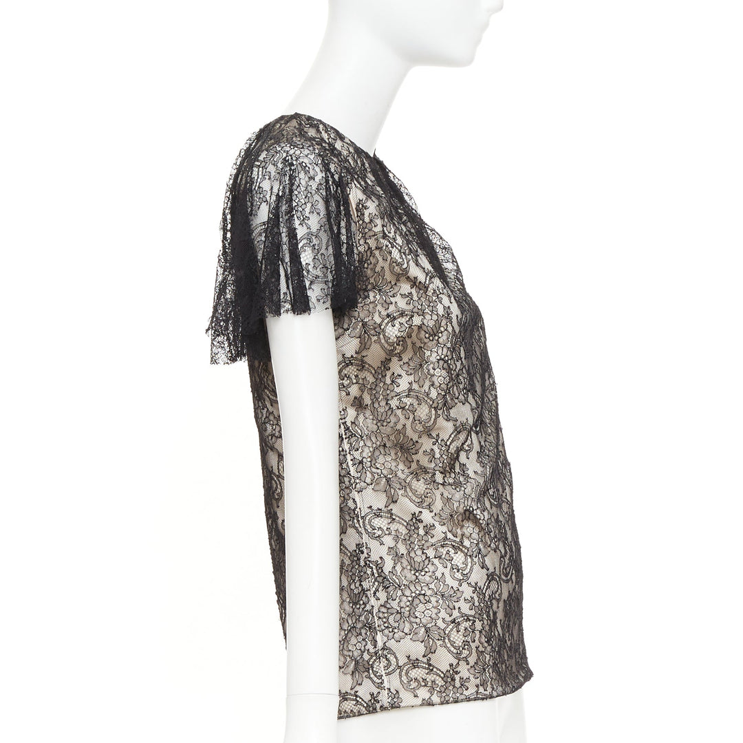J MENDEL Chantilly Lace Blouse nude silk lined bow embellished top US2 S