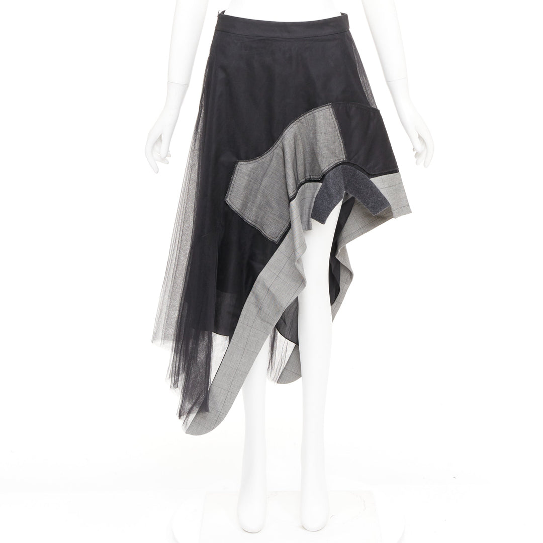 MONSE black nylon tulle wool glen plaid deconstructed asymmetric skirt US0 XS
