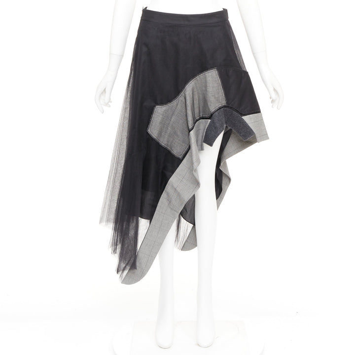 MONSE black nylon tulle wool glen plaid deconstructed asymmetric skirt US0 XS