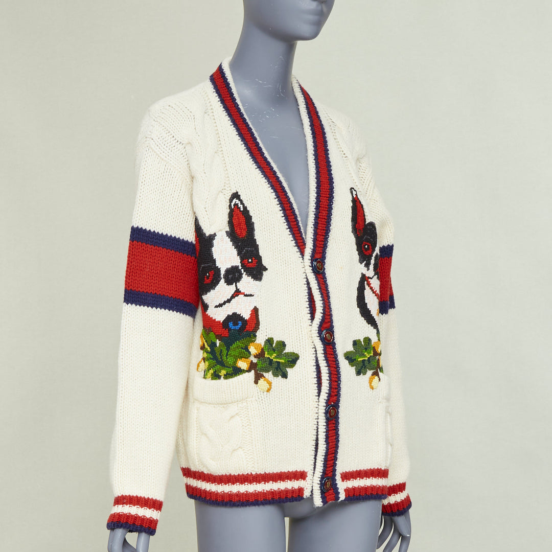 GUCCI 2018 Bosco Orso Year of Dog red cream wool needlepoint knit cardigan XXS