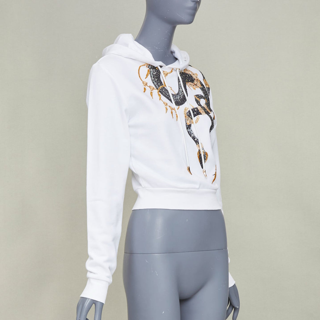 ROBERTO CAVALLI 2022 white cotton crystal embellish snake chain crop hoodie  XS