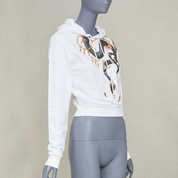 ROBERTO CAVALLI 2022 white cotton crystal embellish snake chain crop hoodie  XS