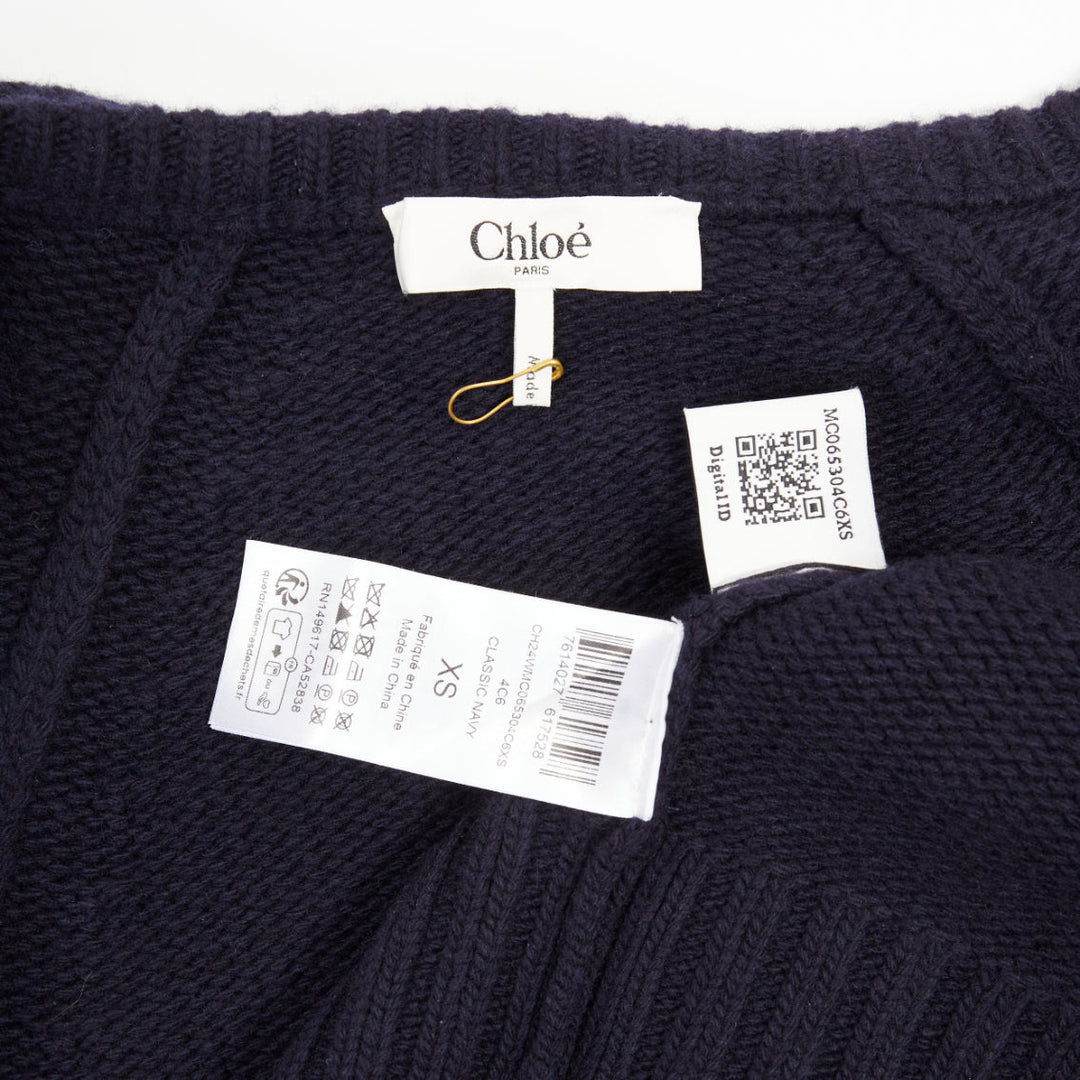 CHLOE 2024 Runway navy wool cashmere bronze globe buttons cape cardigan XS