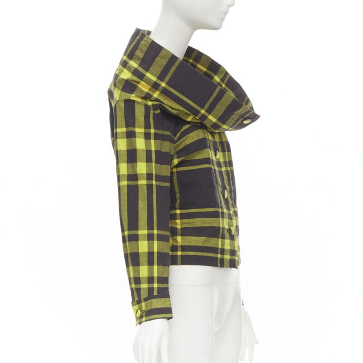 ISSEY MIYAKE Vintage black yellow check plaid cotton stand collar shirt S Rare