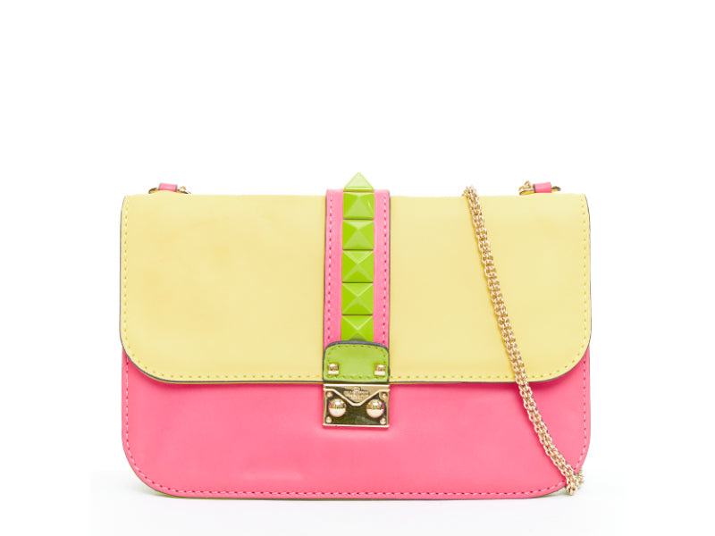 VALENTINO Glam Lock yellow green pink pop Rockstud leather push lock flap bag