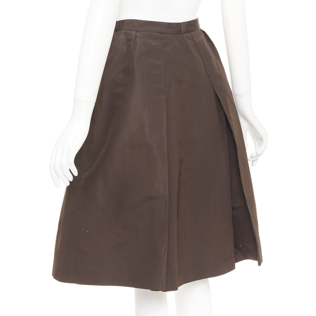 PRADA Vintage brown silk nylon grosgrain pleat flared a line midi skirt IT42 M