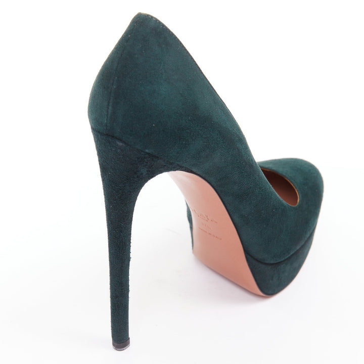 ALAIA forest green suede almond toe platform pumps EU37.5