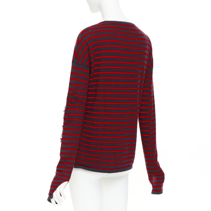 BARRIE 100% cashmere navy red fringe applique asymmetric striped sweater S