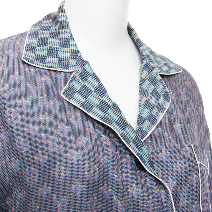 LOUIS VUITTON silk purple Damier Check Jacquard monogram pajama shirt FR36 S