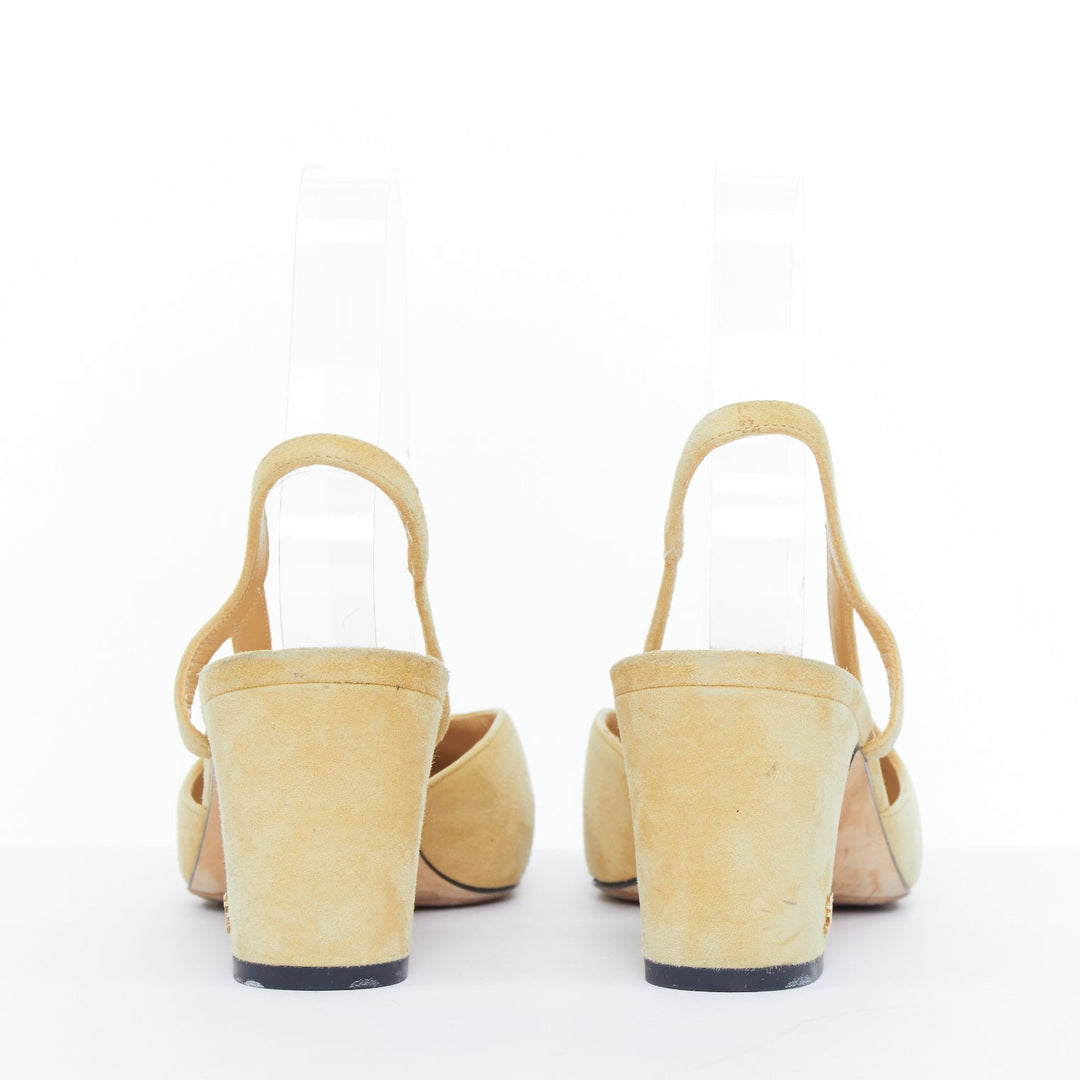 CHANEL Runway beige suede black grosgrain cap toe slip on slingback pumps EU38